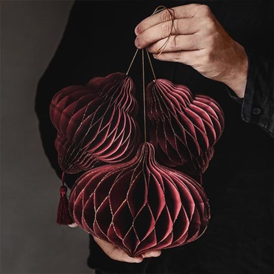 image 1 of Burgundy Honeycomb Lantern with Tassel Hanging Paper Bauble Decoration 15cm
