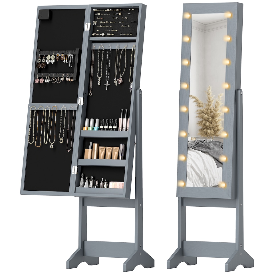 image 1 of HOMCOM Freestanding Mirror Jewelry Cabinet with LED Lights, Jewellery Organiser with 3 Angle Adjustable, Full-Length Mirror with Storage for Earrings, Necklaces, Rings and Lipsticks, Grey