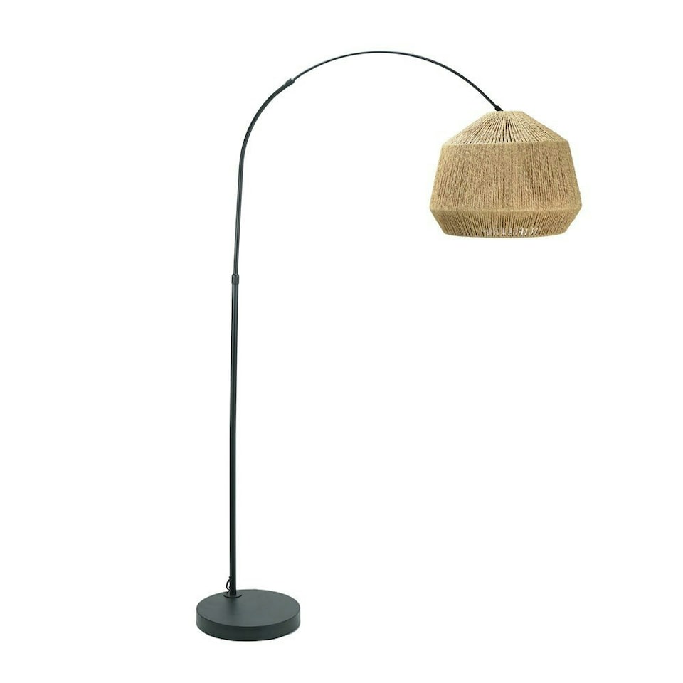 image 1 of ValueLights Louis Black Arched Curved Floor Lamp with Natural Rope Dome Lamp Shade Brown