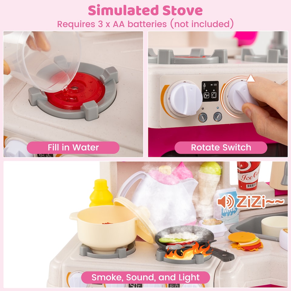 image 1 of COSTWAY Kids Kitchen Playset Corner Play Kitchen with Realistic Sounds-Pink