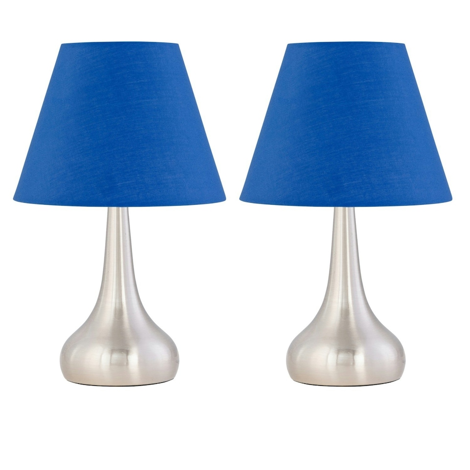 image 1 of Set of 2 Romana - Brushed Chrome Touch Lamps with Royal Blue Shades Silver | Blue