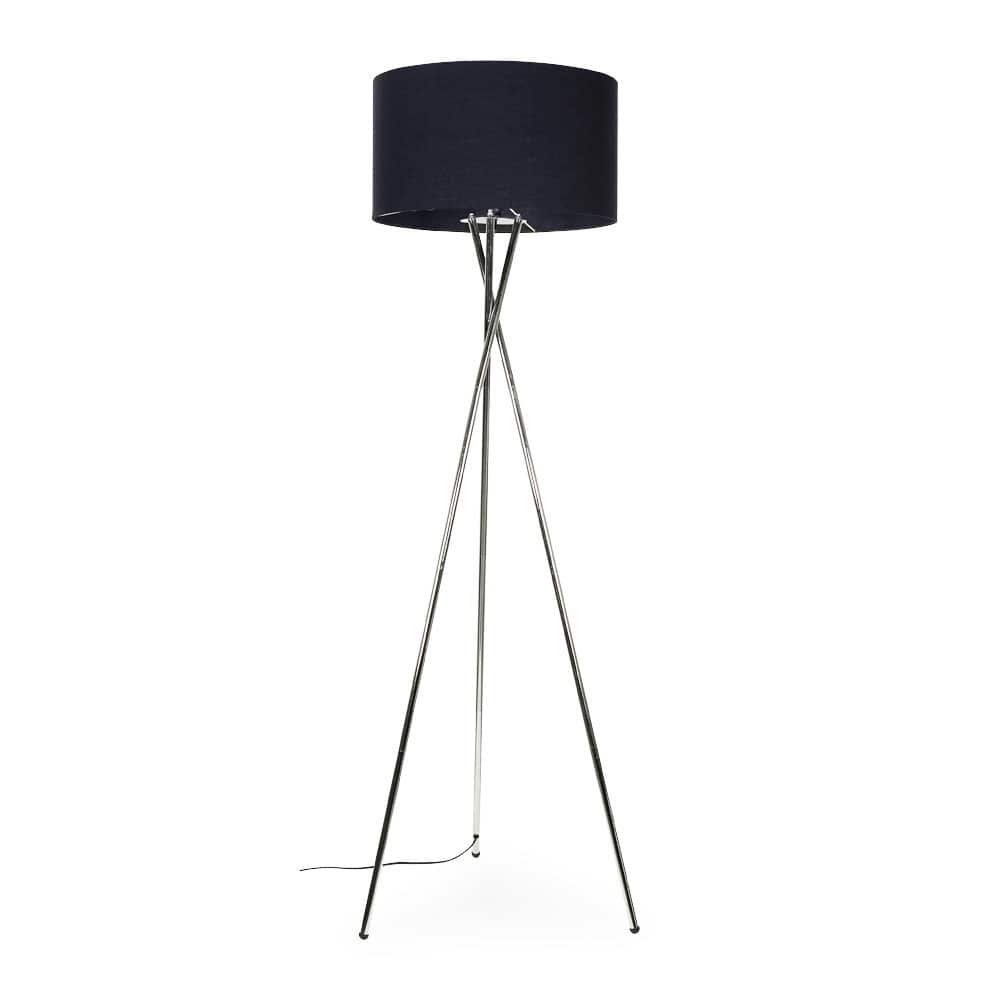 ValueLights Camden Brushed Chrome Tripod Floor Lamp with Navy Blue Drum Lamp Shade in Dark Navy
