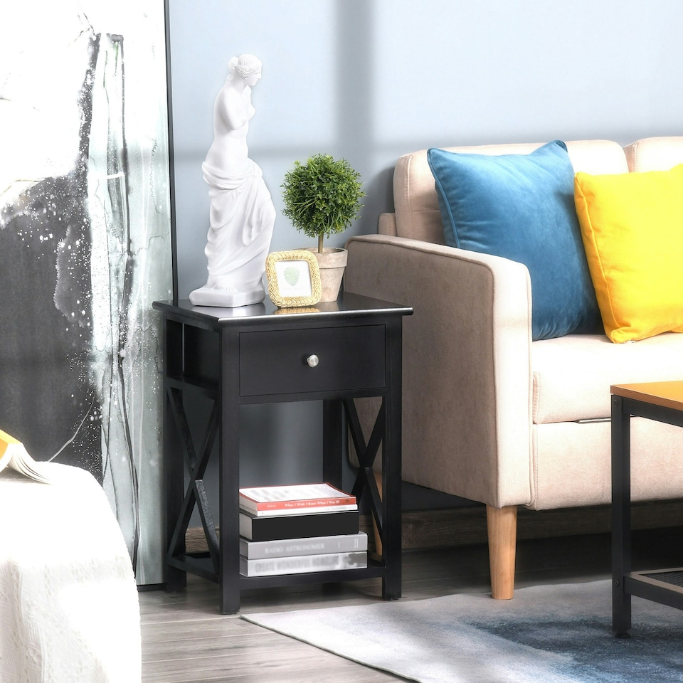 image 1 of HOMCOM 55cm End Side Table w/ Drawer Shelf Stand Black Black