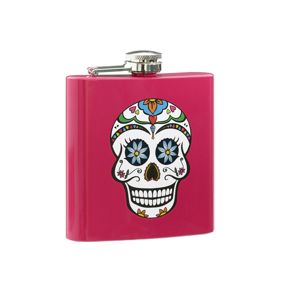 image 1 of Interiors by Premier Pink Hip Flask With Skull Design, 5oz Stainless Steel Flask With Fun Printed Graphic, Screw Cap