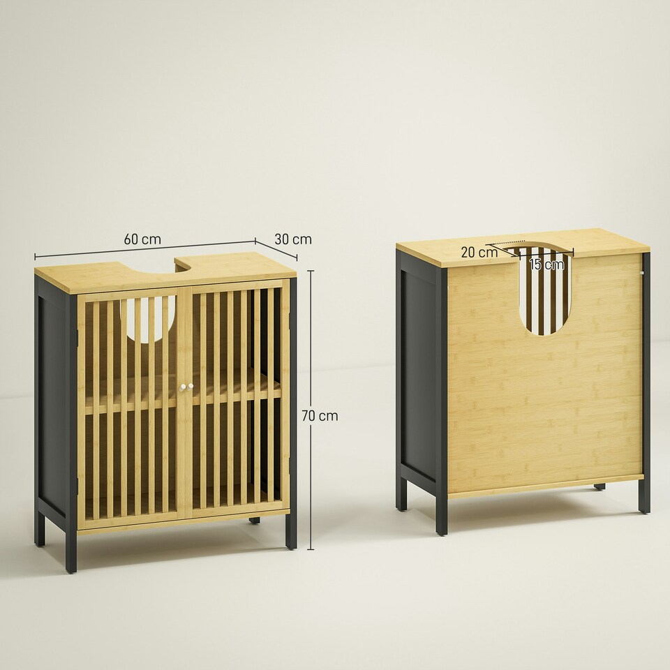 image 1 of HOMCOM Under Sink Bathroom Cabinet, Bamboo Sink Storage Cabinet Slat Doors Yellow | Natural wood finish
