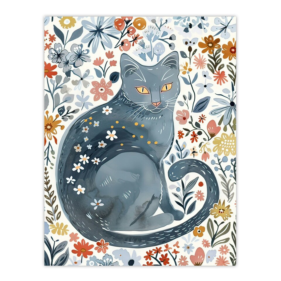 image 1 of Cat Lover Russian Blue with Bright Wildflowers Black Framed Wall Art Print A4