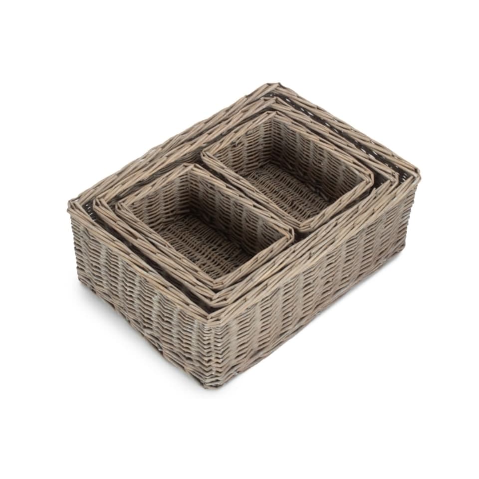 image 1 of Set of 4 Wicker Grey Wash Storage Tray | Brown | Grey Wash | Not provided