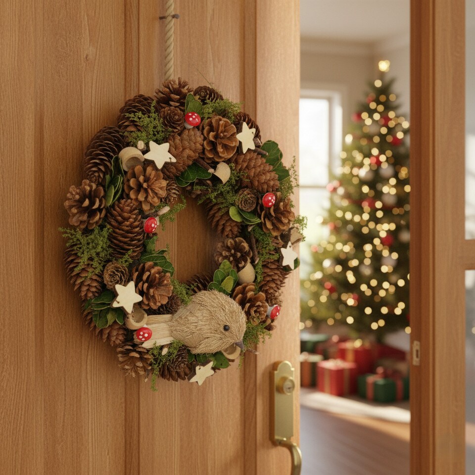 image 1 of Christmas Wreath 30cm with Woodland Animal Figurine Traditional Festive Decoration | Multi | Bird | 1