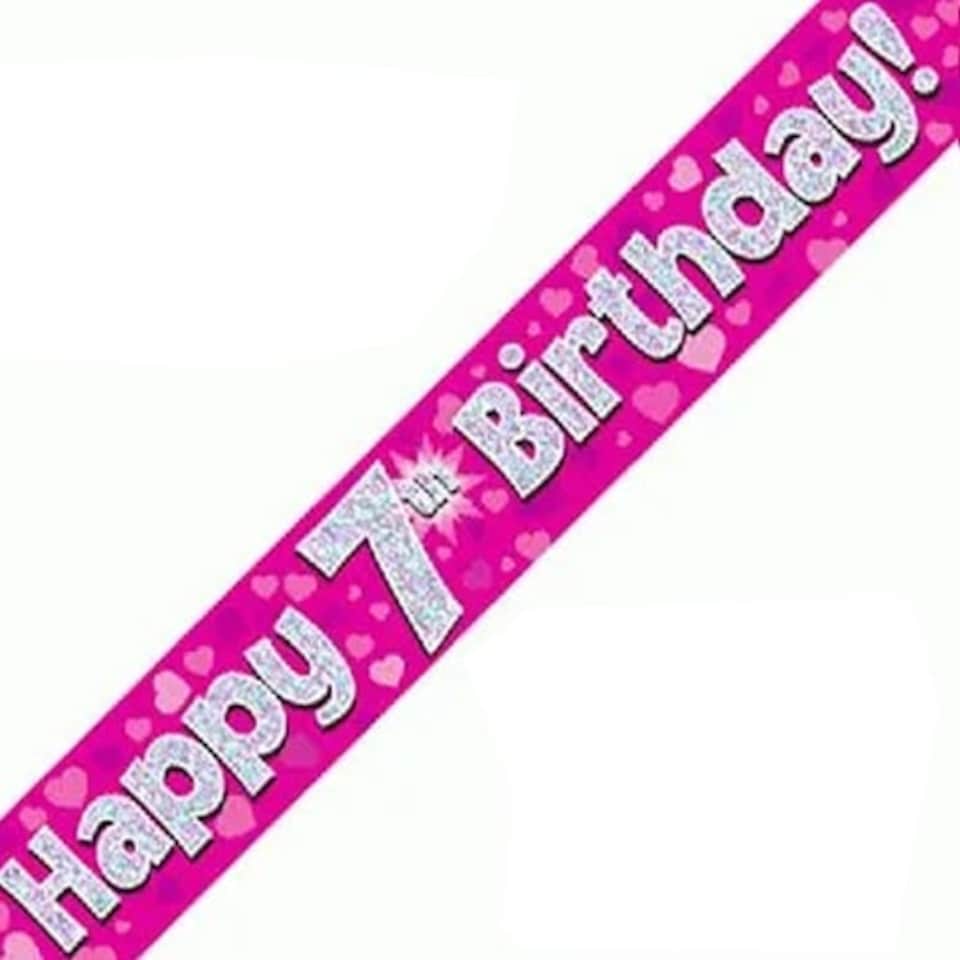 Pink Happy 7th Birthday Holographic Foil Banner 274cm