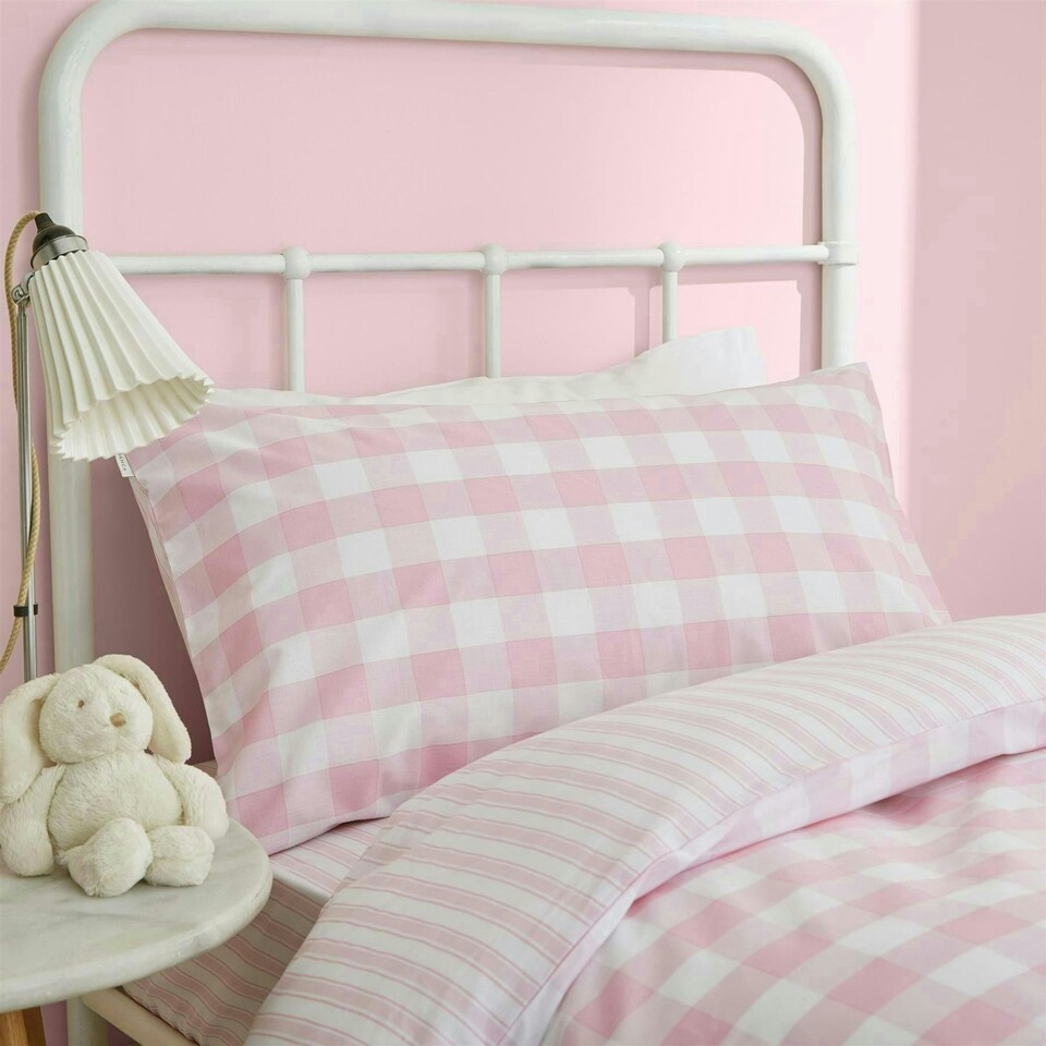 image 1 of Check and Stripe Cotton Reversible Duvet Cover Set | Pink