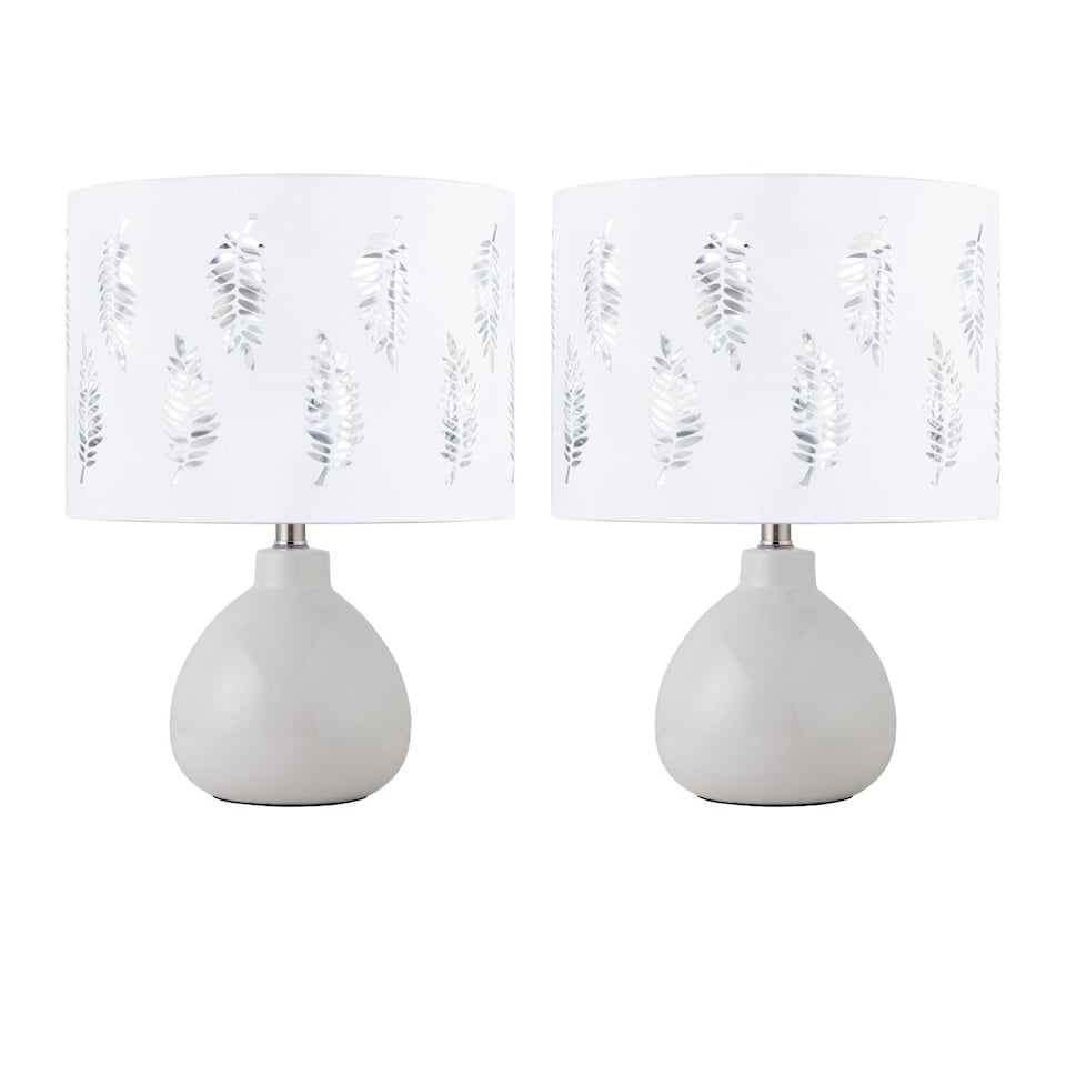 image 1 of Set of 2 Tuscan - White Ceramic Lamps with White Fern Shade | White | White | Large | 2