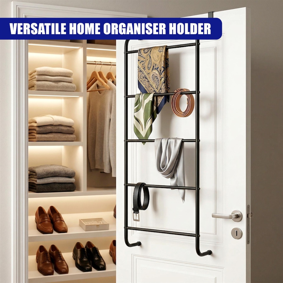 image 1 of GEEZY Over Door Towel Rail with 4 Bars Bathroom Organiser Rack Modern Steel Design