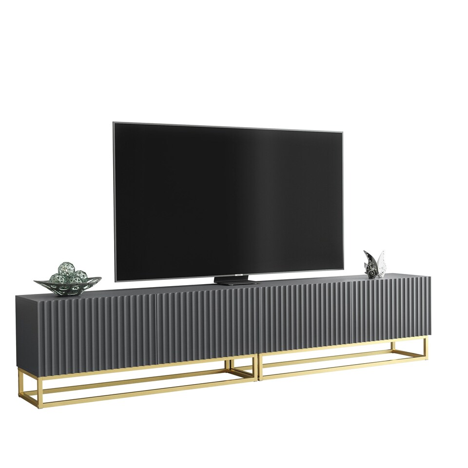 image 1 of Modular TV Unit 200cm Grey Matt with Fluted Fronts and Gold Base Grey