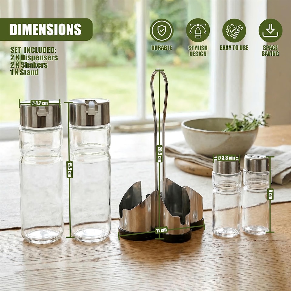 image 1 of GEEZY 4 Piece Glass Cruet Set and Condiment Dispenser With Stand 20.5cm