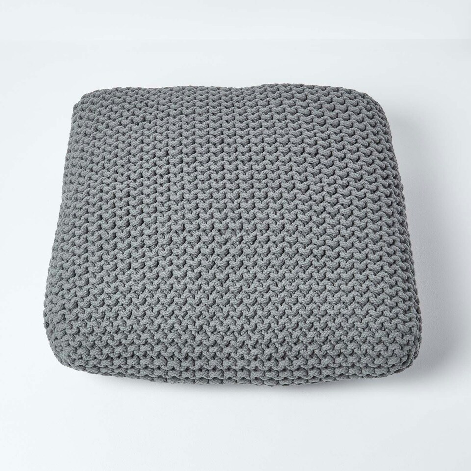 image 1 of Homescapes Grey Square Cotton Knitted Pouffe Floor Cushion