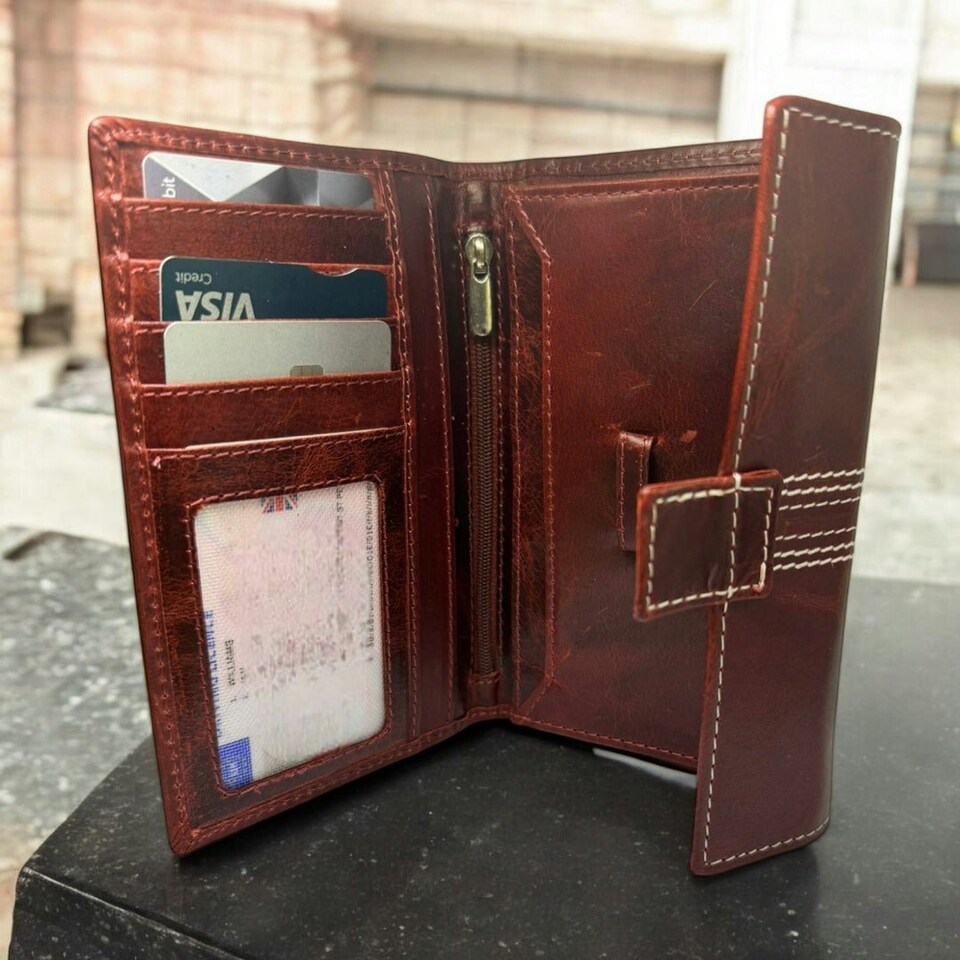 image 1 of CRICKET-GIFTS - Buffalo Leather Travel Wallet | 5 Card Slots & ID Pouch | Mobile Phone Zip Area | Multicoloured, OneSize Red