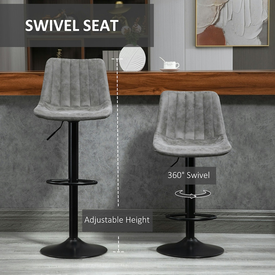 image 1 of HOMCOM Set Of 2 Microfibre Retro Tub Bar Stools Metal Frame Footrest Seat Grey