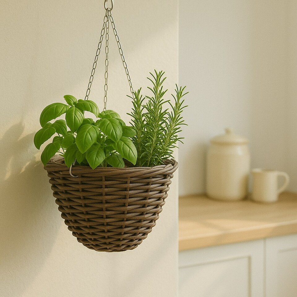 image 1 of Green Blade Rattan Hanging Basket - 30cm - Planter Flower Pot Plant Pot Hanger | Brown | Brown