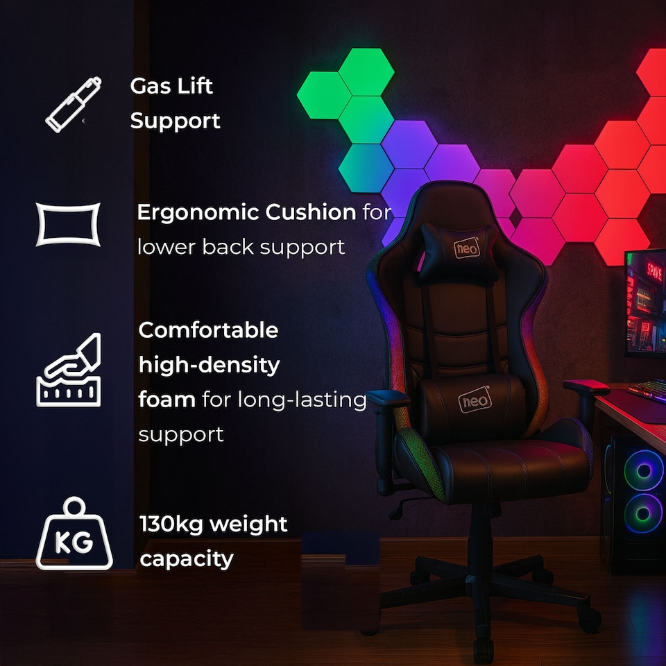 image 1 of Neo Black Leather Gaming Chair with LED Lights