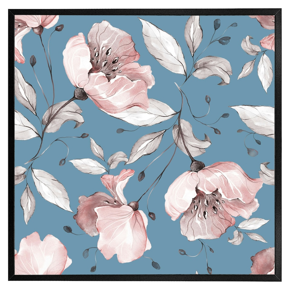 image 1 of Pink flowers on blue (Picutre Frame) Brown | XL
