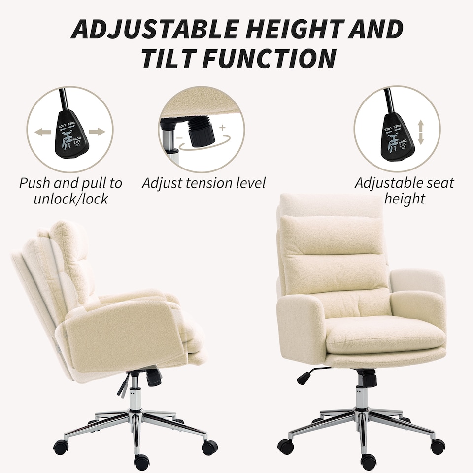 image 1 of HOMCOM Home Office Chair, Upholstered Sherpa Fleece Desk Chair with Height Adjustable, Tilt Function and 360 Swivel Wheels for Home Office and Study Room, Cream White | Cream