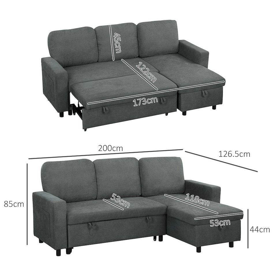 image 1 of HOMCOM Pull Out Sofa Bed L Shape w/ Reversible Chaise Dark Grey Grey