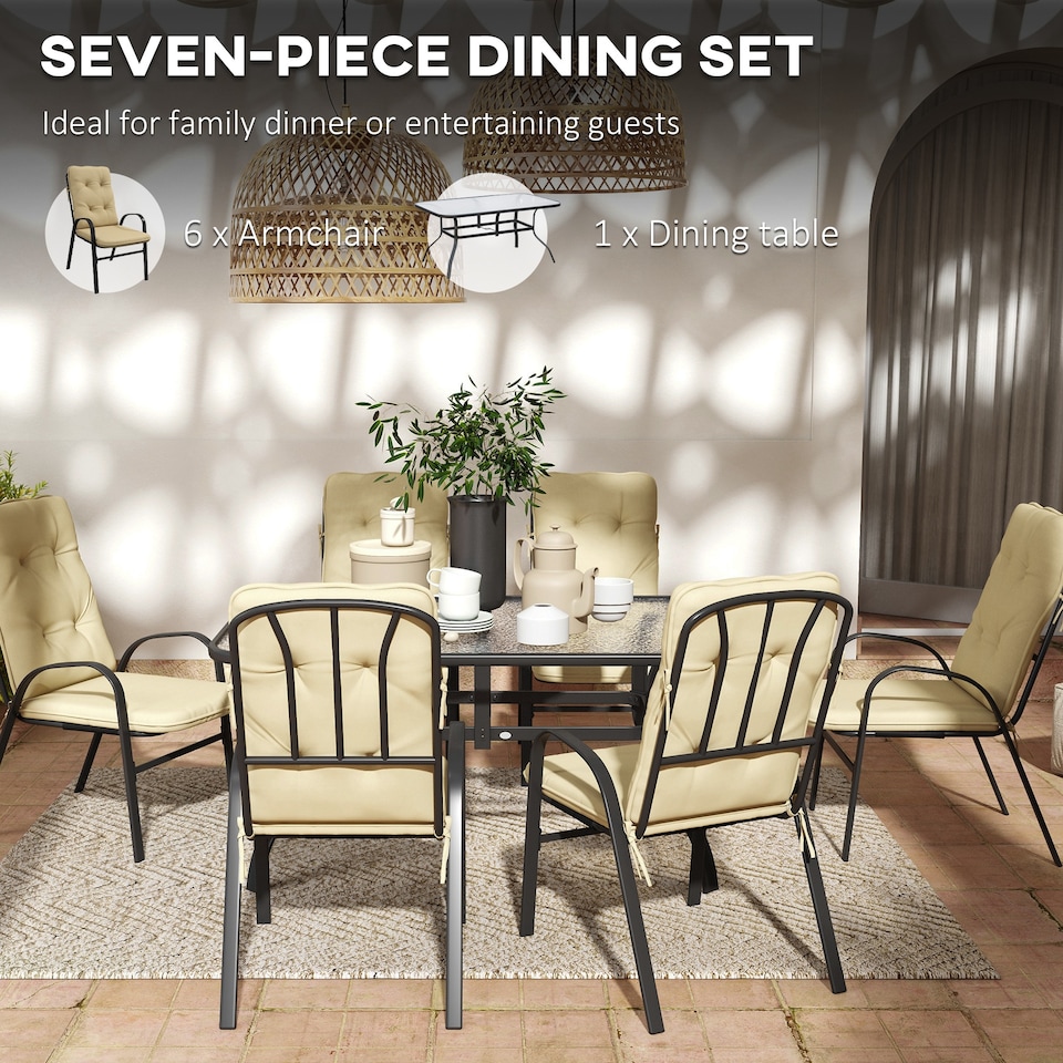 image 1 of Outsunny 7 PCs Garden Dining Set w/ Umbrella Hole & Cushion, Beige