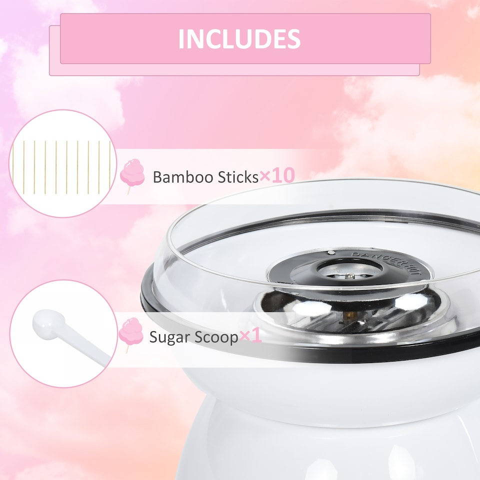 image 1 of HOMCOM 450W Candy Floss Machine, Professional Automatic Cotton Candy Sweet Machine with Candyfloss Sticks, Spoon, Splash Guard, Non-Slip Base for Birthday Christmas Wedding Party, Funfair Style, White