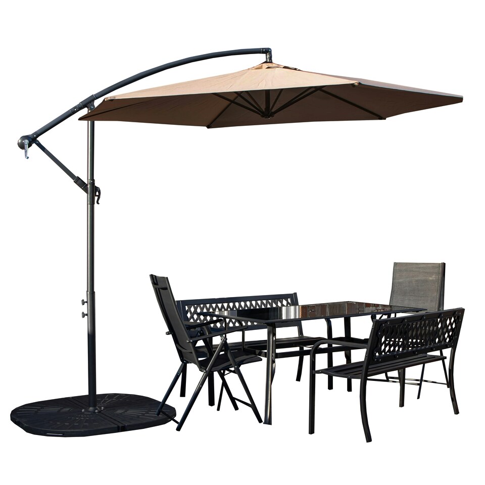 image 1 of Outdoor 6 Person Rectangular Glass Top Garden Dining Table Benches & Chairs With Beige Banana Parasol and Base