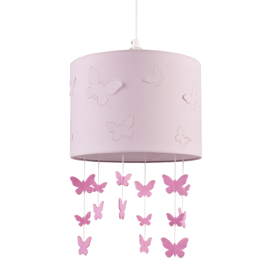 image 1 of Soft Pink Cotton Fabric Childrens Pendant Shade with Butterfly Decor