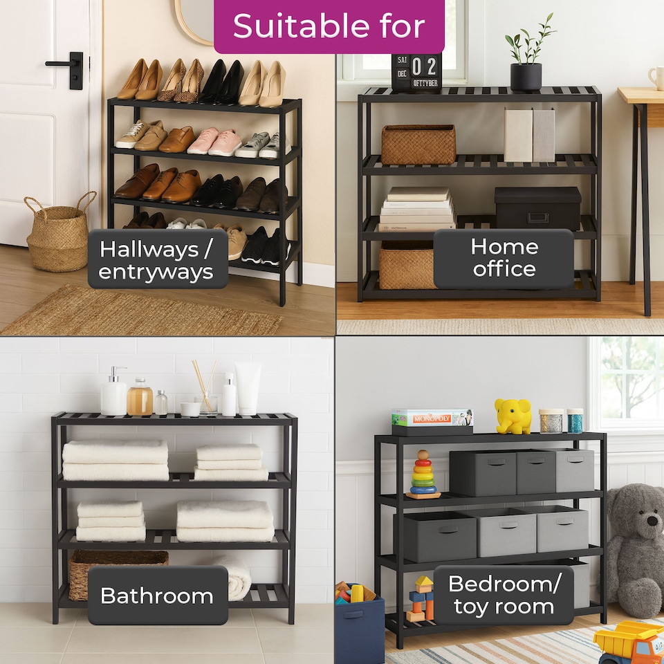 image 1 of Neo Black 4-Tier Bamboo Shoe Rack Wooden Shoe Storage Organiser Shelf for Hallway, Entrance Living Room | Black