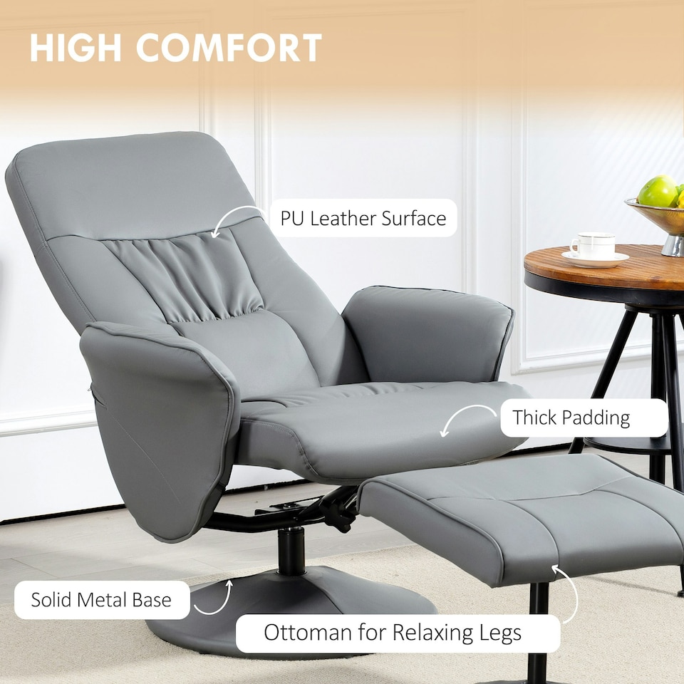 image 1 of HOMCOM PU Leather Armchair and Footrest Swivel Recliner w/ Ottoman Light Grey
