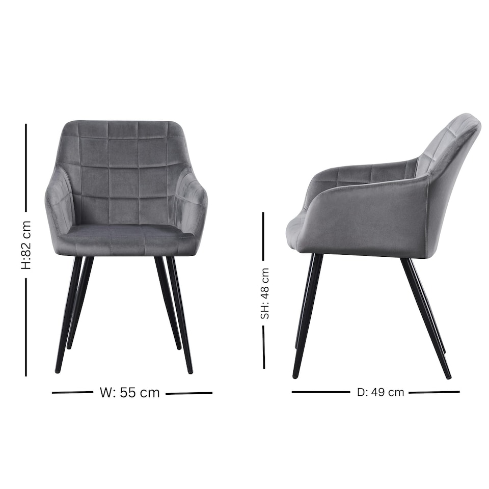 image 1 of Set of 6 Camden Modern Velvet Dining Chairs with Armrests, Quilted Design & Black Metal Legs | Grey | Dark Grey