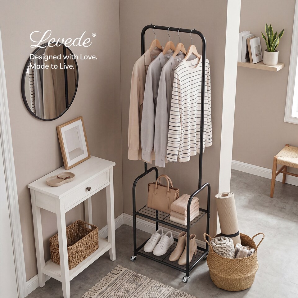 image 1 of Levede Clothes Rack Garment Organizer 2 Shelf Locking Wheels Bedroom Black