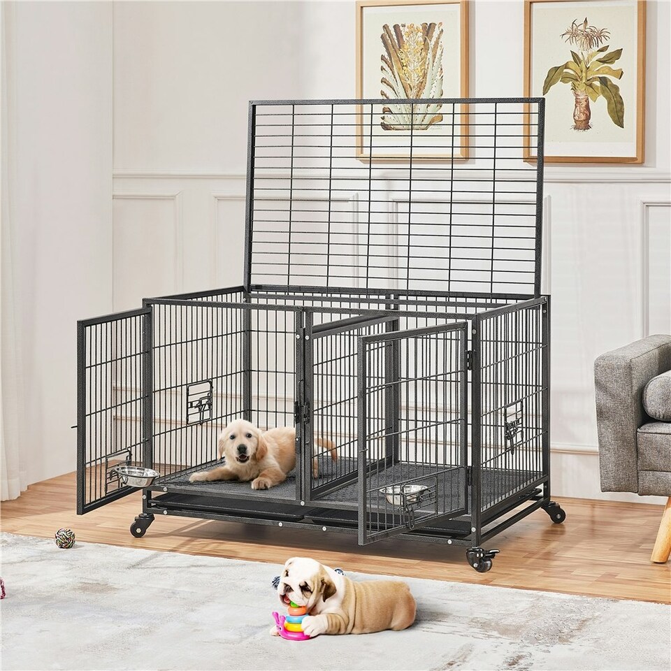image 1 of Yaheetech 108 cm W Rolling Dog Crate W/ Divider Black
