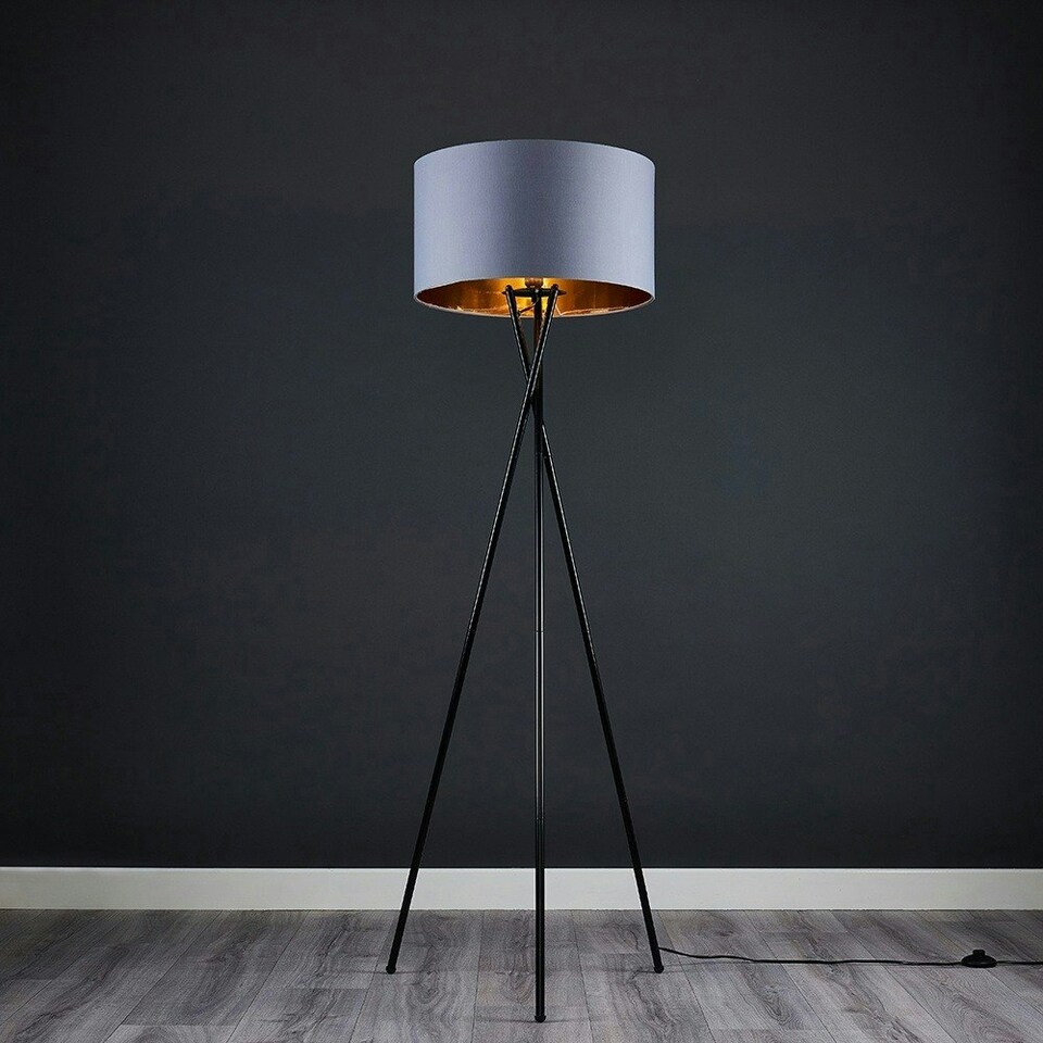 image 1 of ValueLights Camden Black Tripod Floor Lamp Grey & Gold Shade & Bulb Gold