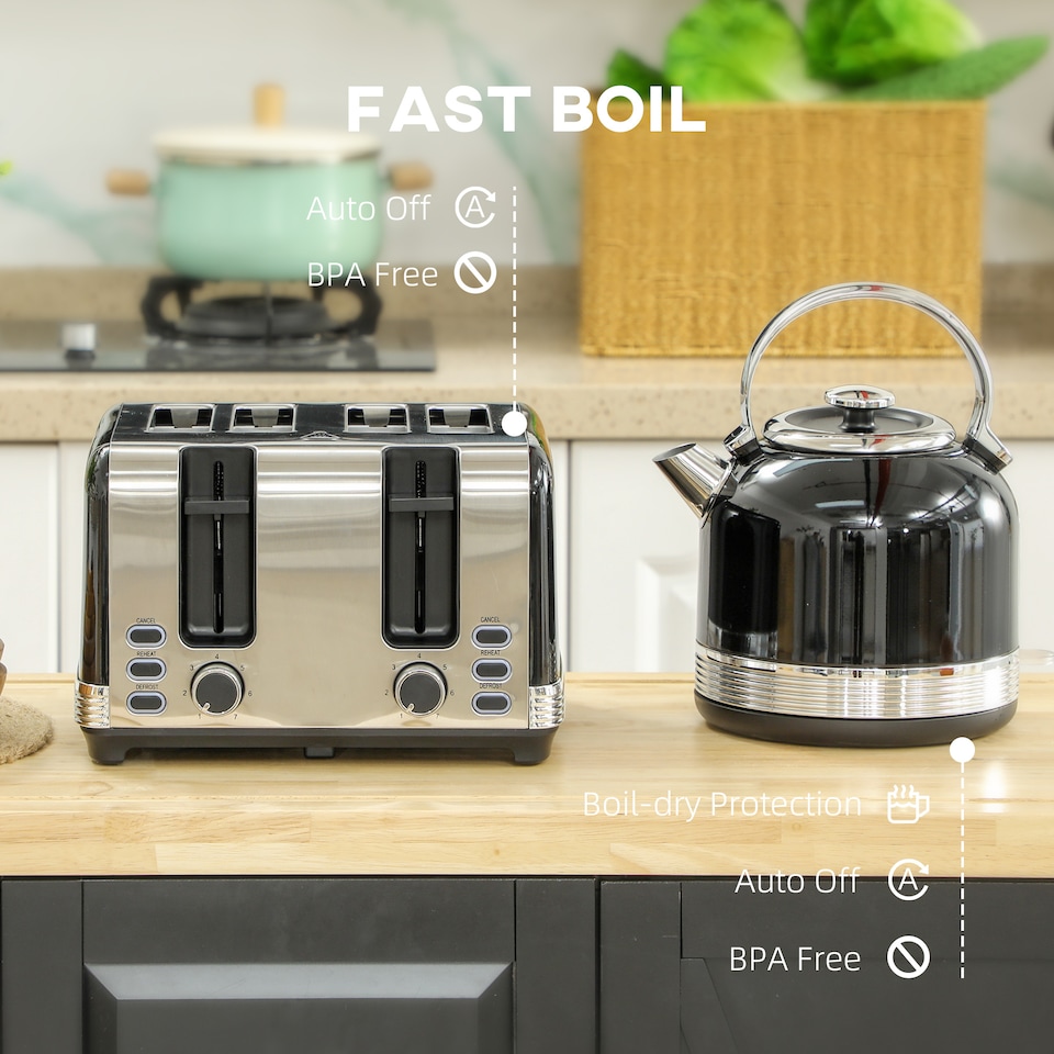 image 1 of HOMCOM Stainless Steel Kettle and Toaster Set, 1.7L 3000W Cordless Fast Boil Kettle, 4 Slice Toaster Kitchen Set with 7 Level Browning Controls, Defrost, Reheat and Crumb Tray, Black