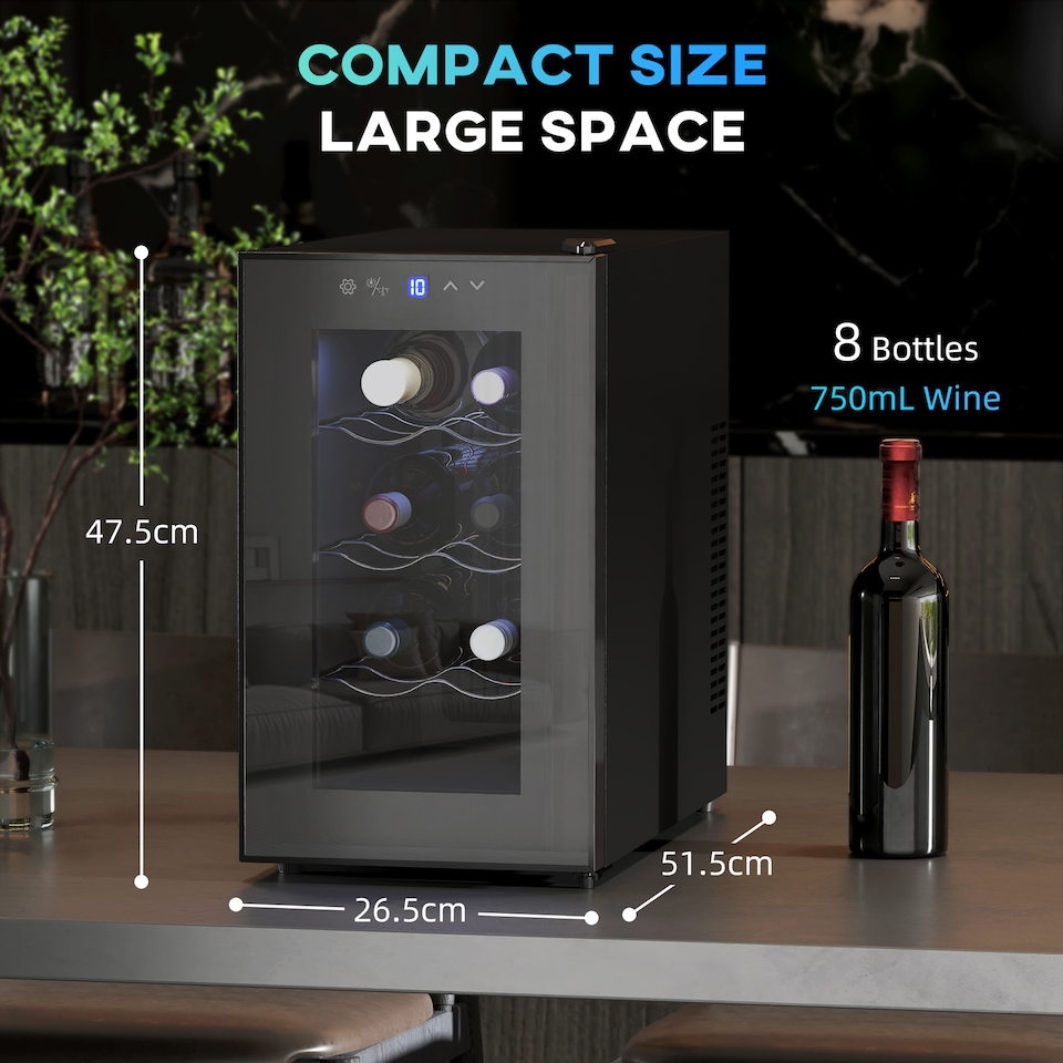 image 1 of HOMCOM Mini Table Top Wine Fridge, 8 Bottle, 17L, 8-18℃, 26.5cm Quiet Under Counter Wine Cooler Fridge with Glass Door, LED Light, Digital Touch Screen, Temperature Control