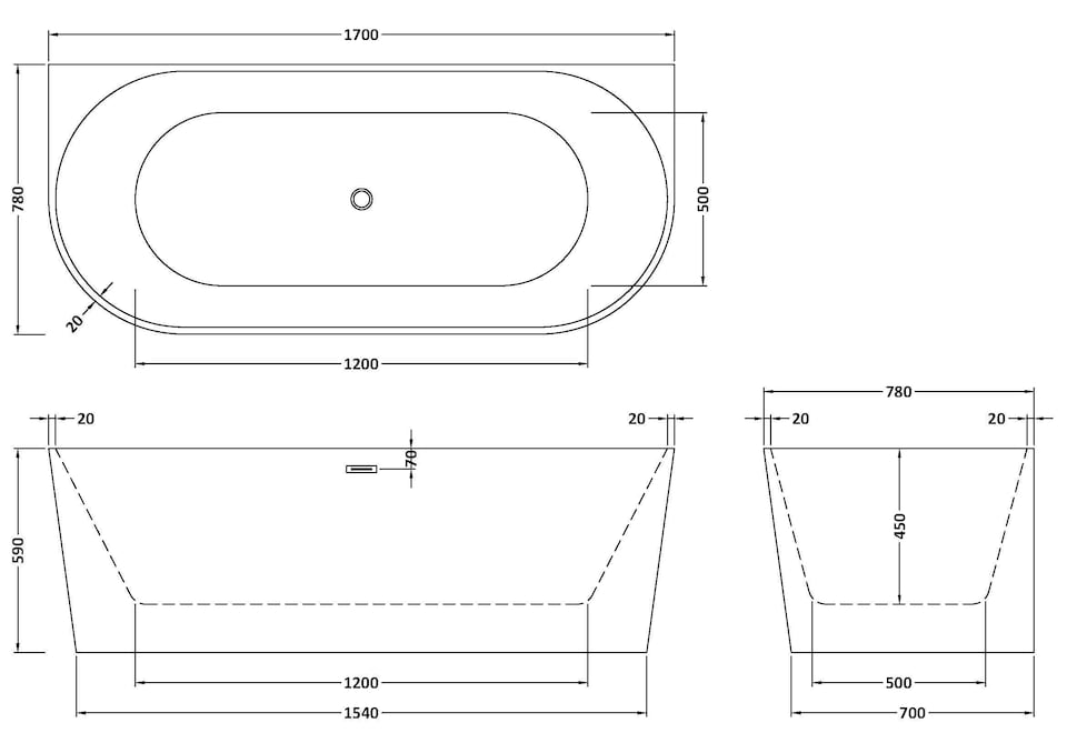image 1 of Contemporary Back To Wall Freestanding Bath 1700mm x 750mm | White | White | 1700 x 750 x 590mm