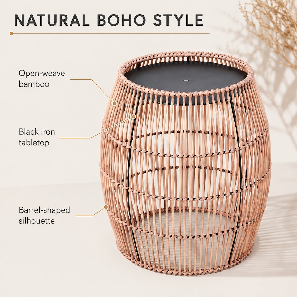 image 1 of Teamson Bamboo Outdoor Side Table with Iron Frame, Round Boho Accent Table