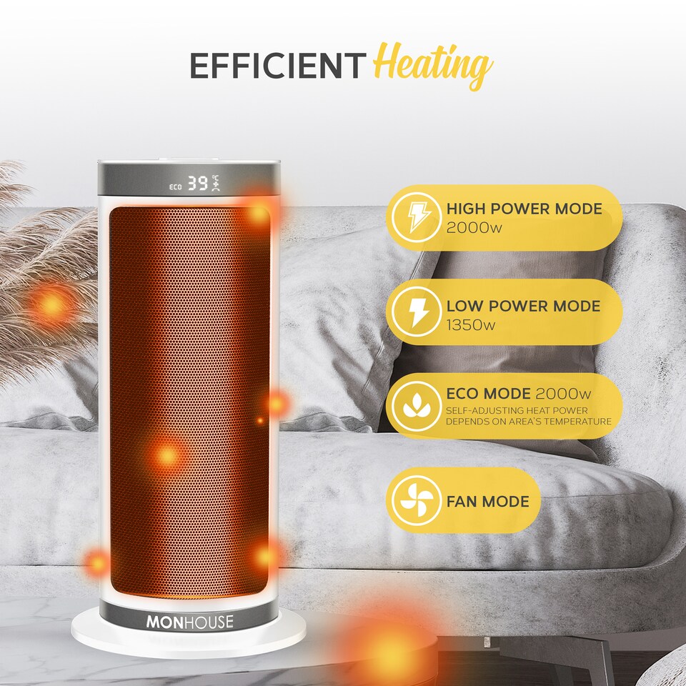 image 1 of MONHOUSE Portable Electric Space Heater - 120 Degree Oscillation, Remote Control, Tip Over & Overheat Protection - 12H Timer - 40cm