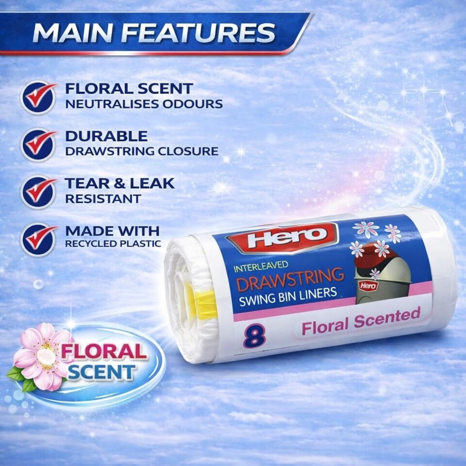 image 1 of Hero 60L Floral Scented Drawstring Bin Liners – Strong Tear Resistant White Refuse Sacks | Easy Dispense Roll of 8 for Home, Office & Commercial Use