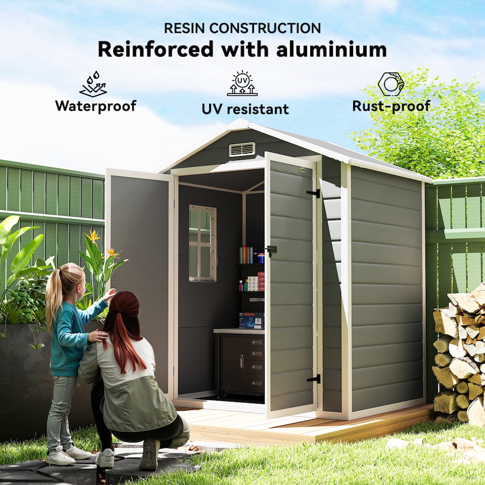 image 1 of Outsunny 6 x 4.5FT Plastic Garden Shed with Floor, Lean to Outdoor Storage Shed, Lockable Tool Storage House with Window, Vent and Plastic Roof, Grey