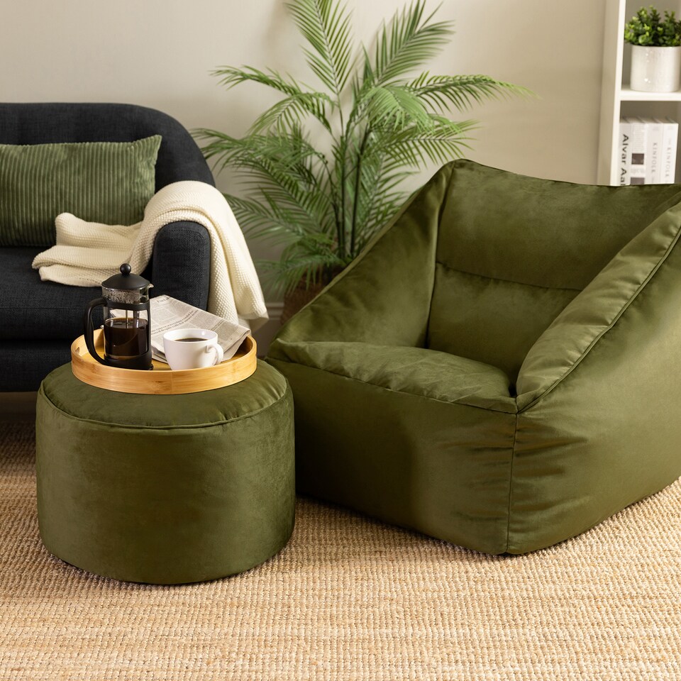 image 1 of icon Natalia  Velvet Armchair and Milano Round Footstool Bean Bag, Olive Green