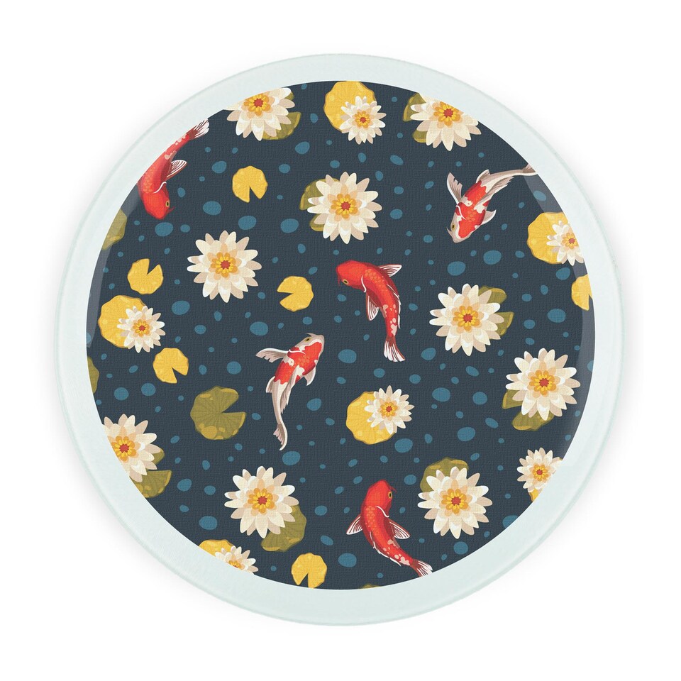 image 1 of Koi Fish Pond Round Worktop Protector - Textured Glass Chopping Board