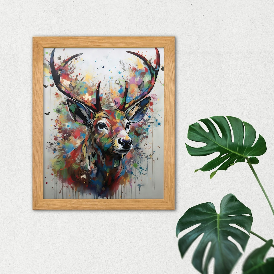 image 1 of The Butterfly Stag Abstract Soft Pastel Deer Wood Framed Wall Art Print
