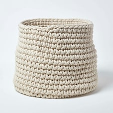 Homescapes Natural Cotton Knitted Round Storage Basket - 42 x 37 cm | Cream | Natural | L