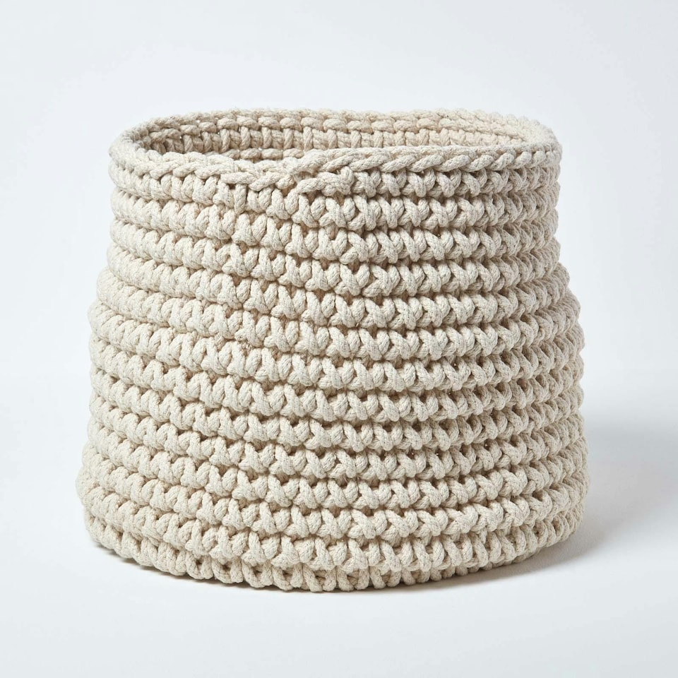 image 1 of Homescapes Natural Cotton Knitted Round Storage Basket - 42 x 37 cm | Cream | Natural | L
