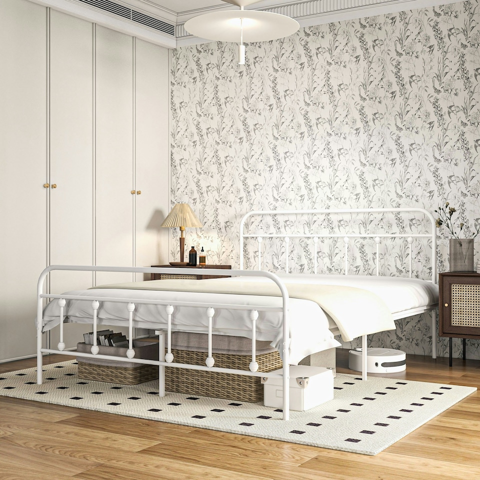 image 1 of HOMCOM 5ft Metal King Platform Bed Frame w/ Underbed Storage Headboard White