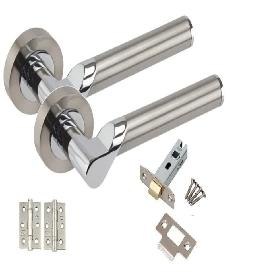 image 1 of Golden Grace 6 Sets Titan Design Modern Bathroom Door Handles Lever Latch on Round Rose in Satin Nickel and Polished Chrome with Pair of Ball Bearing Hinges Grey
